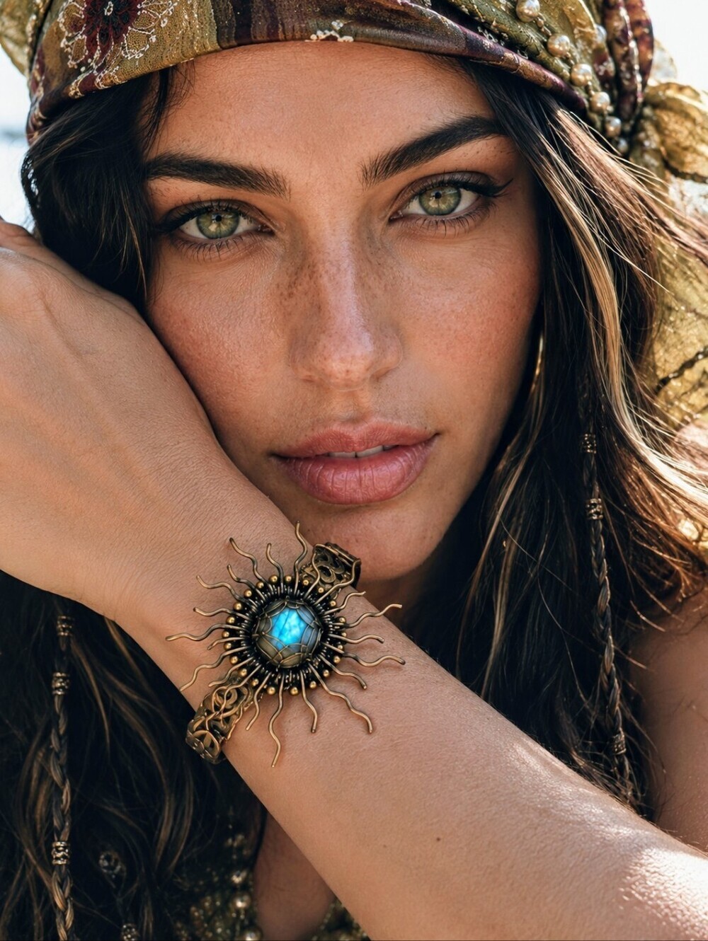 Copper Brass Labradorite Sunburst Cuff Wire Wrapped Boho Statement Adjustable